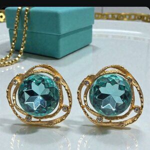 Massive Vintage 1980's CRAFT Gold Aquamarine Glass Crystal Clip-on Earrings